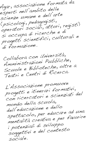 Agar, associazione formata da esperti nell’ambito delle scienze umane e dell’arte (psicologi, pedagogisti, operatori sociali, attori, registi) si occupa di ricerche e di progetti scientifici, culturali e di formazione.  Collabora con Università, Amministrazioni Pubbliche, Scuole e Biblioteche, oltre a Teatri e Centri di Ricerca.  L’Associazione promuove progetti e itinerari formativi, con ricercatori e scienziati del mondo della scuola, dell’educazione e dello spettacolo, per educare ad una mentalità creativa e per favorire i potenziali di sviluppo soggettivi e del contesto sociale.